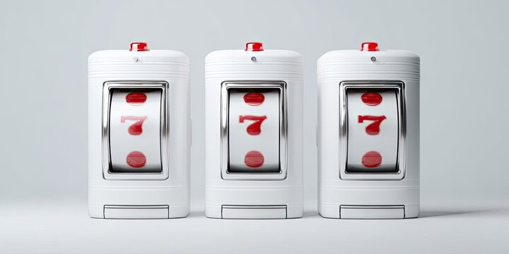Three identical white slot machine elements show lucky "7" symbols on a gray background