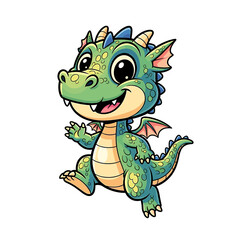 Fototapeta premium Cute cartoon dragon with green scales and small wings, smiling and appearing to be walking.