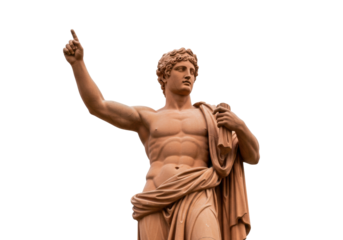 Terracotta statue of a man with arm raised isolated on transparent background, ancient sculpture