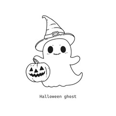 Cute halloween ghost witch hat and pumpkin
