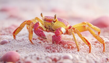 A vibrant red and yellow crab on a pink, bubbly surface, close-up shot