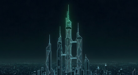 Futuristic cityscape with glowing neon towers at night