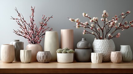 Fototapeta premium Colorful floral arrangements in modern pots displayed on a minimalistic surface creating a serene indoor garden atmosphere