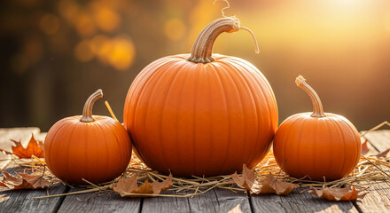 Three orange pumpkins on rustic wooden surface with dry leaves, showcasing autumn harvest theme, ideal for Thanksgiving or fall decorations