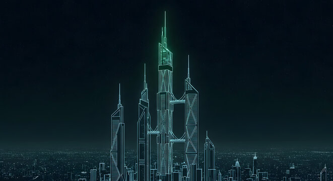 Futuristic cityscape with glowing neon towers at night