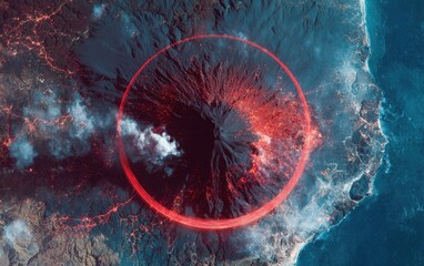 Aerial view of a volcanic mountain, lit up with fiery glow and encircled by a red ring