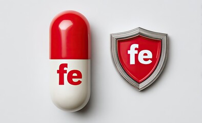 A large red and white pill and a shield, both showing the chemical symbol "fe.