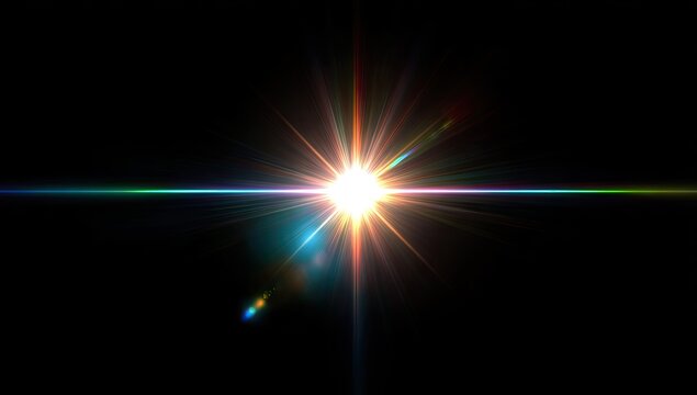 Bright multi-colored starburst centered on a dark black background, featuring lens flare