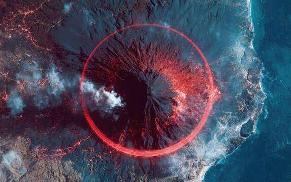 Aerial view of a volcanic mountain, lit up with fiery glow and encircled by a red ring - Powered by Adobe