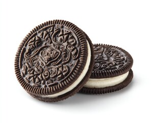 Two chocolate sandwich cookies with creamy white filling, close-up on a white background
