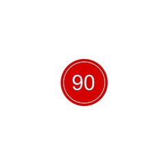 This image shows a bold red circular badge with the number 90 written in white at the center. The circle has a thin white outline, making it stand out against the plain white background. It resembles 