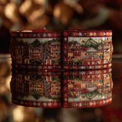 Exquisite Embroidered Hmong Cuffs with Vibrant Colors Reflected on a Glossy Surface