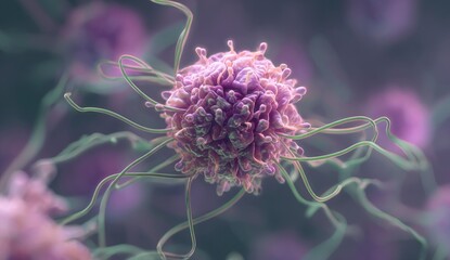 Microscopic, textured, purple cell with spiky projections and wispy tendrils, close up view