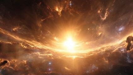 Bright celestial explosion bursting forth from fiery clouds within a galaxy