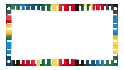 A rectangular frame features colorful vertical bars on the edges, framing a white, empty center