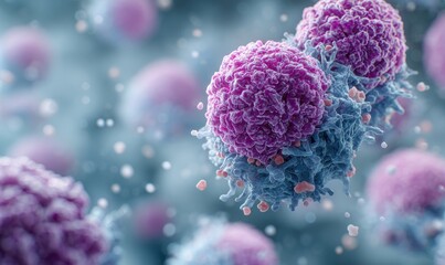 Microscopic view of cancerous cells with a textured, spherical structure. Blue and purple hues dominate