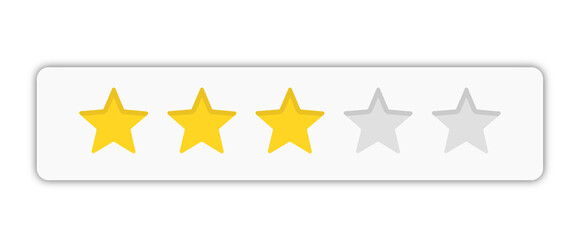Three star rating bar in minimal flat rectangular style, average review score for customer satisfaction and quality service, PNG with transparent background