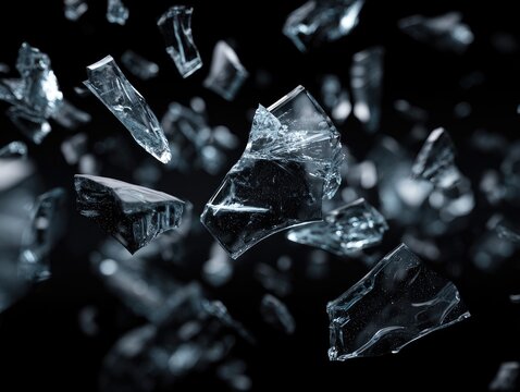 Dramatic close-up of shards of transparent, reflective material suspended against a dark backdrop