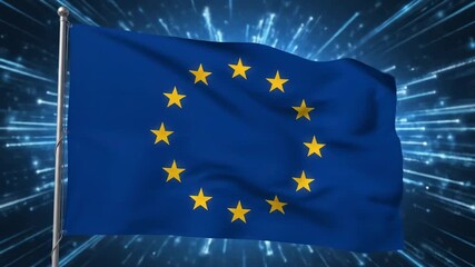 EU Flag Waving with Digital Background - A close-up shot of the European Union flag waving gently. The flag is set against a dynamic digital background with streaks of light, creating a modern and - Powered by Adobe
