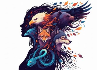 woman's silhouette with hair transforming into spirit animals: eagle, bear, wolf, fox, and snake. native american heritage and spiritual connection concept. cultural poster illustration, book cover