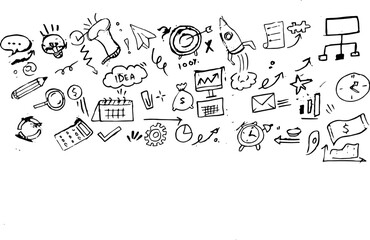 Obraz premium Hand Drawn Business Doodle Icons Set – Startup, Finance, Planning and Productivity Sketch Elements