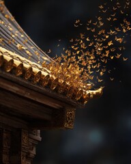 Golden Roof Detail of Buddhist Temple with Butterflies Dancing in the Air