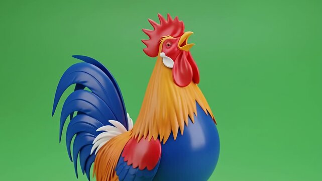 Colorful Animated Rooster Crowing on Green Screen Background.