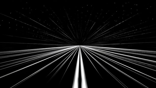 Abstract perspective view of a road with converging white lines against a starry black backdrop