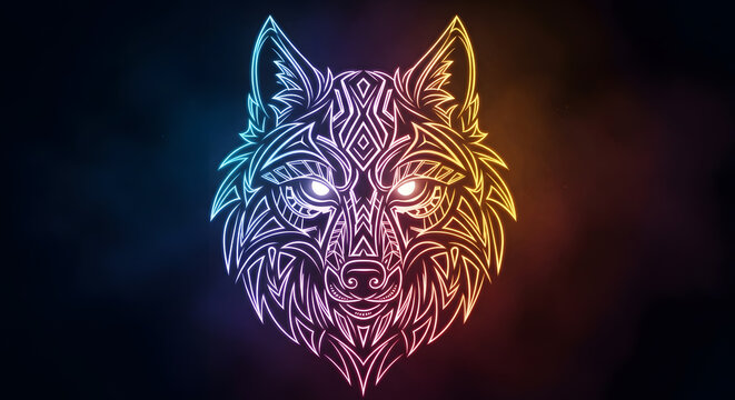 Intricate neon wolf head with tribal patterns