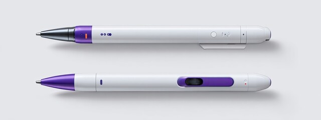 Two white and purple pens with a metallic tip, buttons, and a rounded end, on a grey background
