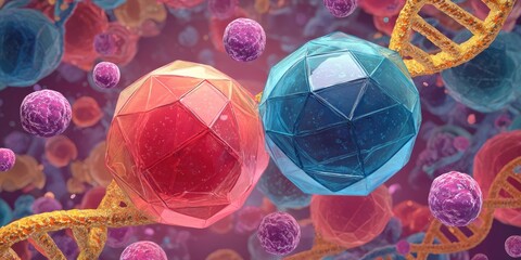 Vibrant 3D rendering showcasing cellular structures, DNA, and geometric, crystalline forms
