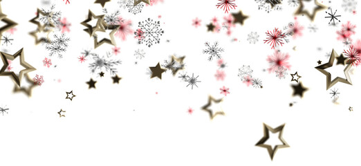 Elegant design of gold stars and snowflakes cascading on white backdrop. Perfect for Christmas, holiday, or winter-themed projects, conveying a