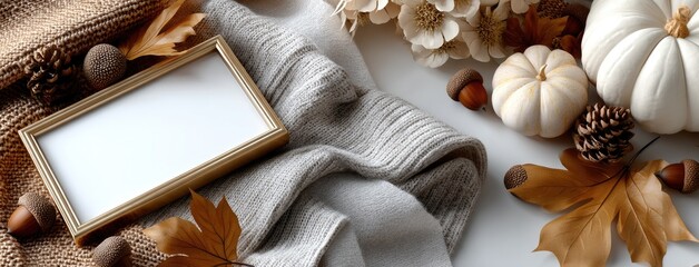Colorful autumn decor featuring cozy sweaters, seasonal pumpkins, and decorative fall leaves arranged on a soft surface