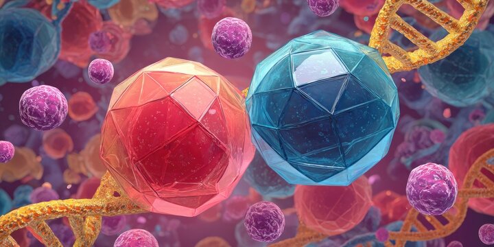 Vibrant 3D rendering showcasing cellular structures, DNA, and geometric, crystalline forms