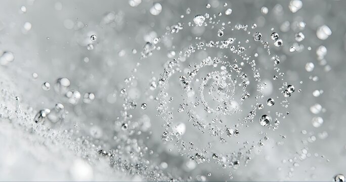 Spiraling water droplets form a swirling pattern against a blurred gray background - Powered by Adobe