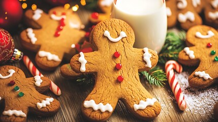 Wide 24mm DSLR capturing cozy wooden table with gingerbread cookies warm milk and festive decoration