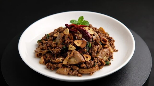 Stir fried minced pork salad,Spicy Northern Thai-Style food,fry mixed Ground pork with Pork Large Intestine and pig spleen in chilli paste.(larb moo)