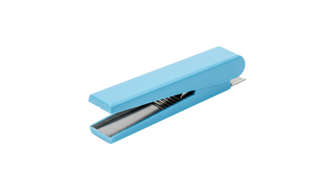 A classic light blue office stapler isolated on a white background.