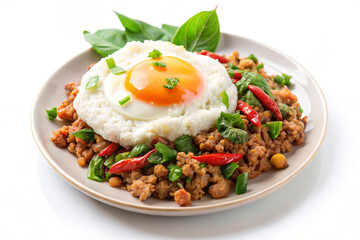 Thai Basil Chicken Rice Delight: A vibrant and appetizing culinary composition, showcasing a classic Thai basil chicken dish artfully presented on a plate with a sunny-side-up egg.