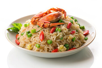 Delectable Crab Fried Rice: A mouthwatering plate of crab fried rice, a culinary masterpiece with fluffy rice, succulent crab, vibrant vegetables and a symphony of aromatic flavors.