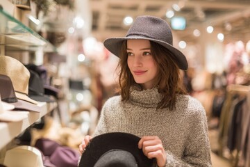 A stylish woman in a hat shop is selecting a hat while browsing through the collection, looking for the perfect accessory to complement her wardrobe.