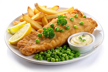 Delicious Fish and Chips: A classic plate of fish and chips, featuring a golden-fried fish fillet alongside crispy fries, fresh peas, lemon wedges and a small bowl of creamy dipping sauce.