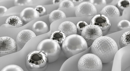 Fototapeta premium Silver and white spheres arranged in wavy lines, creating a sleek, modern designShowcase of elegant texture and form, ideal for luxury or minimalist branding