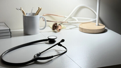 Stethoskop auf Schreibtisch mit Lampe und Tasse
Moderne Aufnahme eines Stethoskops auf einem wei&szlig;en Schreibtisch mit Lampe, Tasse und B&uuml;chern, Symbol f&uuml;r Medizin, Gesundheit und Arztpra