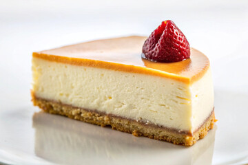 Delectable Cheesecake Slice: A creamy, photorealistic cheesecake slice topped with a fresh strawberry, artfully presented on a clean plate.