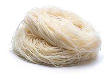 Rice Noodles: A macro, top-down shot of intertwined rice noodles, ready to transform into a delicious meal.