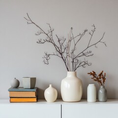 Dried branches in a collection of ceramic vases and books on a white shelf.