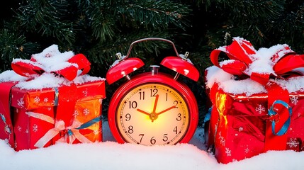 Wide-angle 16mm capturing festive snowy night countdown with glowing clock and wrapped gifts
