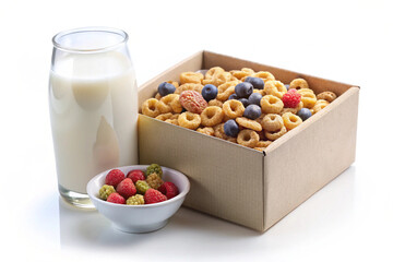 Nourishing Breakfast Spread: A vibrant composition showcasing a box of cereal, a refreshing glass of milk, and a vibrant bowl of fresh berries - a wholesome morning treat.