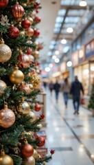Close up of a decorated Christmas tree with red and gold ornaments inside a shopping mall